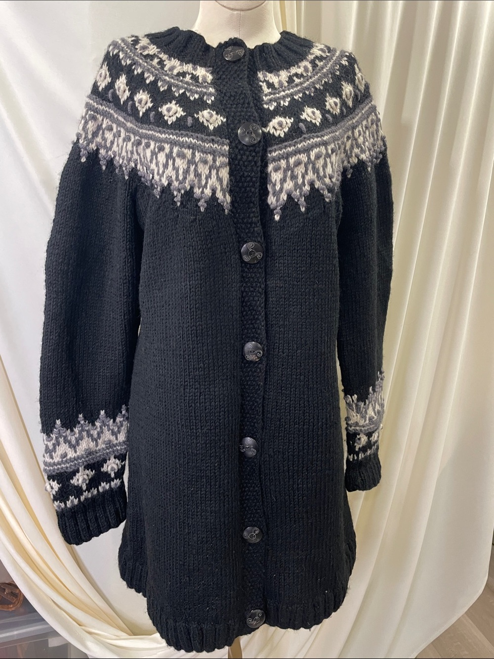 Black Nordic-Pattern Button-Up Sweater Cardigan